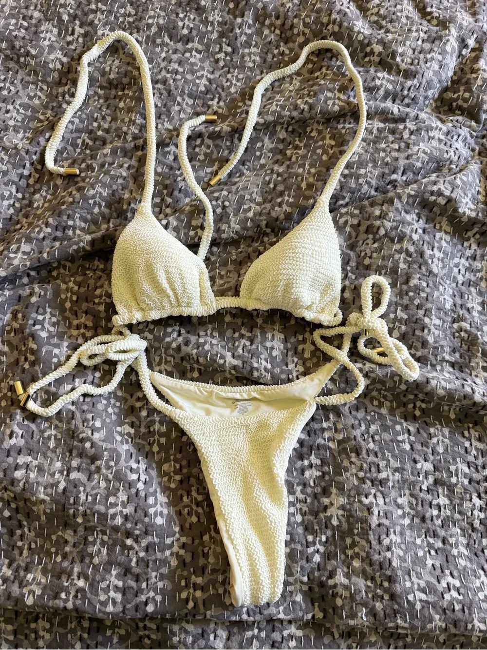 Monday Swimwear Cream Textured Tie-Side Triangle Bikini PALMA - white crinkle
